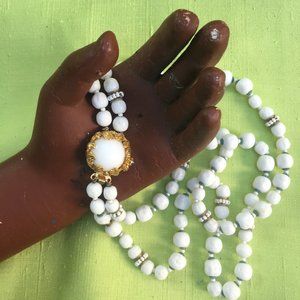 Vintage 50s 60s Signed Robert De Mario Double Strand Milk Glass & Beads Necklace